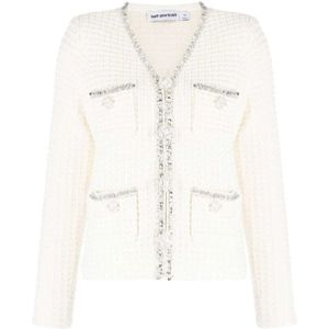 Self Portrait, Truien, Dames, Beige, L, Pailletten, Pailletten-Verfraaide Wafelgebreide Cardigan