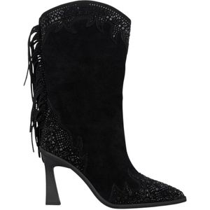 Alma EN Pena, Schoenen, Dames, Zwart, 37 EU, Fringed half-laars met versieringen