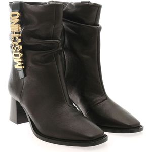 Moschino, Schoenen, Dames, Zwart, 36 EU, Leer, Luxe Zwarte Logo Enkellaarzen