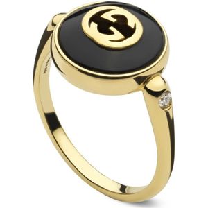 Gucci, Accessoires, Dames, Geel, 53 MM, Interlocking ring in geelgoud, onyx en diamant