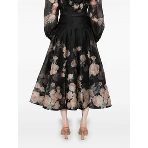 Zimmermann, Rokken, Dames, Zwart, M, Linnen, Zwarte Crush Midi Rok met Bloemenprint