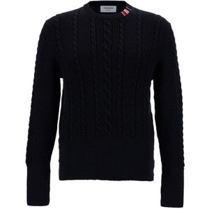 Thom Browne, Truien, Heren, Blauw, M, Wol, Blauwe Cable Knit Trui met RWB Streep Detail