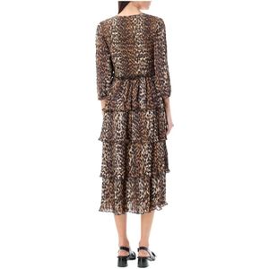 Ganni, Kleedjes, Dames, Veelkleurig, S, Polyester, Luipaard Flounce Midi Jurk