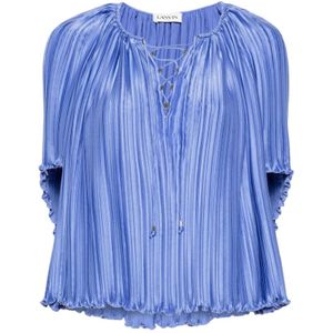 Lanvin, Blouses & Shirts, Dames, Blauw, M, Charmeuse Plissé Effect Ronde Hals Blouse