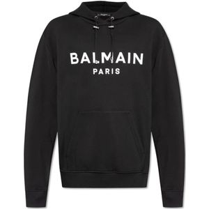 Balmain, Sweatshirts & Hoodies, Heren, Zwart, M, Katoen, Sweatshirt met logo
