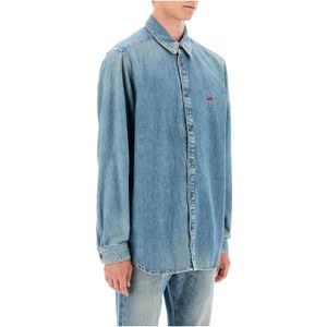 Diesel, Overhemden, Heren, Blauw, XL, Denim, Versleten Denim Shirt met Oval D Logo