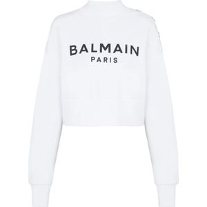 Balmain, Sweatshirts & Hoodies, Dames, Wit, L, Katoen, Eco-verantwoord katoenen cropped sweatshirt met logo print