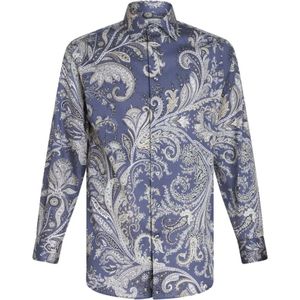 Etro, Overhemden, Heren, Blauw, XL, Grijze Roma Shirt met Amoebaprint