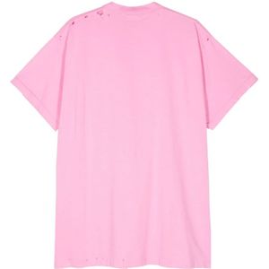 Balenciaga, Tops, Dames, Roze, M, Katoen, Flamingo Pink Tekst Print T-shirt