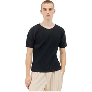 Issey Miyake, Tops, Heren, Zwart, L, Polyester, Geplooide Crewneck T-shirt