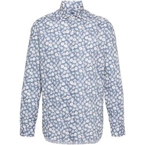 Barba, Bloemenprint Overhemd met Spreidkraag Blauw, Heren, Maat:L