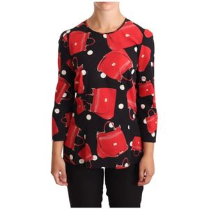 Dolce & Gabbana, Blouses & Shirts, Dames, Veelkleurig, M, Zwarte Sicilië Tas Print Zijden Blouse