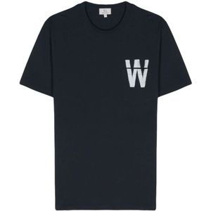 Woolrich, Tops, Heren, Blauw, L, Blauw Crew Neck T-shirt met Zakje