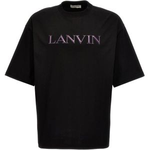Lanvin, Zwarte katoenen jersey T-shirt met geborduurd logo Zwart, Heren, Maat:S