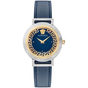 Versace, Accessoires, Dames, Grijs, ONE Size, Chic Leren Horloge Blauw Goud