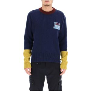 Dolce & Gabbana, Truien, Heren, Veelkleurig, S, Wol, Logo Patch Wol Crew Neck Sweater