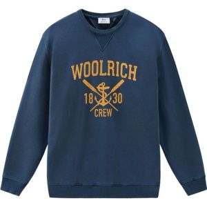 Woolrich, Sweatshirts & Hoodies, Heren, Blauw, XL, Katoen, Blauwe Logo Print Crew Neck Sweater