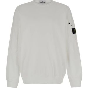 Stone Island, Sweatshirts & Hoodies, Heren, Wit, M, Katoen, Witte Crewneck Sweater met Logo Zak