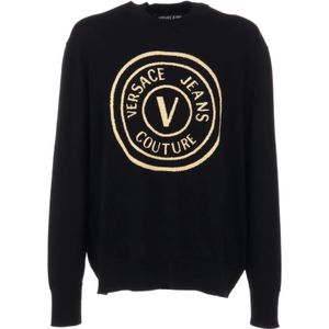 Versace Jeans Couture, Heren Trui van Wol met Gouden Logo Zwart, Heren, Maat:XL