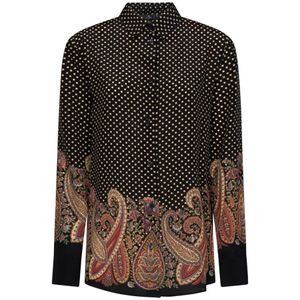 Etro, Blouses & Shirts, Dames, Zwart, M, Zwarte zijden overhemd met paisley en polka dot print