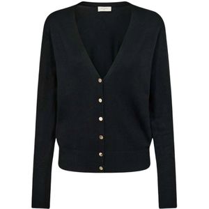 Freequent, Truien, Dames, Zwart, M, Feminine Cardigan met V-Hals en Gouden Knopen