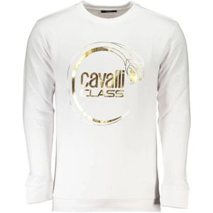 Cavalli Class, Sweatshirts & Hoodies, Heren, Wit, L, Geborsteld Ronde Hals Sweatshirt met Logo Print