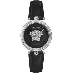 Versace, Palazzo Zwarte Leren Band Horloge Zwart, Dames, Maat:ONE Size