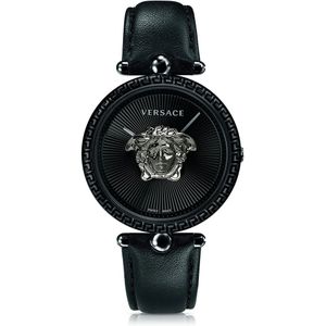 Versace, Accessoires, Dames, Zwart, ONE Size, Empire Zwart Leren Quartz Horloge