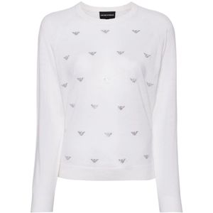 Emporio Armani, Truien, Dames, Wit, XL, Wol, Witte Sweater met Strass Logo