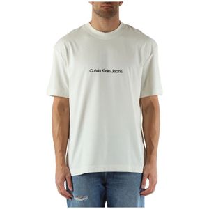 Calvin Klein Jeans, Tops, Heren, Beige, 2Xl, Katoen, Katoenen Logo In reliëf Ronde hals T-shirt