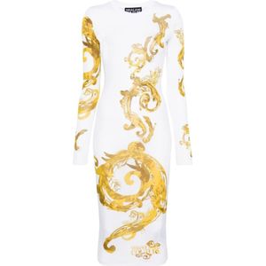 Versace Jeans Couture, Waterverf Barok Witte Organza Jurk Wit, Dames, Maat:2XS