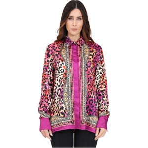 Just Cavalli, Blouses & Shirts, Dames, Roze, XS, Polyester, Fuchsia Luipaardprint Overhemd