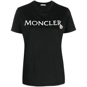 Moncler, Tops, Dames, Zwart, XS, Katoen, Logo-Print Kortemouw T-Shirt