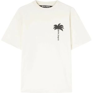 Palm Angels, Katoenen T-shirts met Palmboomprint Wit, Heren, Maat:S