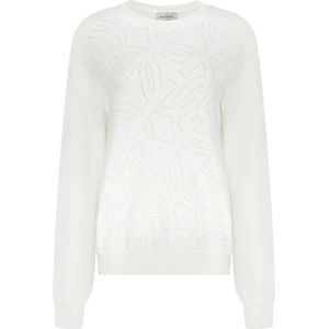 Salvatore Ferragamo, Truien, Dames, Wit, M, Polyester, Geribbelde Crew-neck Sweater met Open-werk Details