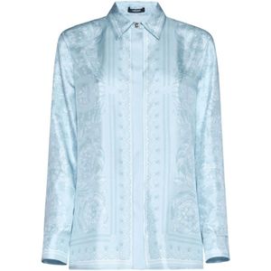 Versace, Blouses & Shirts, Dames, Blauw, M, Barocco Print Zijden Overhemd