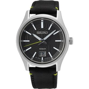 Seiko, Quartz horloge met zwarte wijzerplaat en lederen band Zwart, Heren, Maat:ONE Size