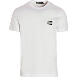 Dolce & Gabbana, Tops, Heren, Wit, 2Xl, Katoen, Witte Katoenen T-shirt met Zilveren Logo