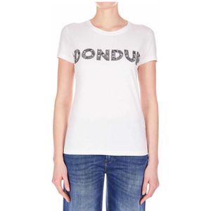 Dondup, T-shirt met paillettenlogo Wit, Dames, Maat:M