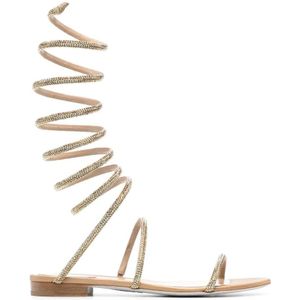 René Caovilla, Gouden platte sandalen met kristallen Beige, Dames, Maat:38 1/2 EU