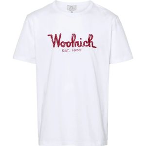 Woolrich, Tops, Heren, Wit, M, Geborduurde Logo Korte Mouw T-Shirts en Polos