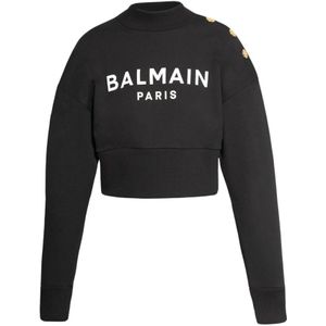 Balmain, Sweatshirts & Hoodies, Dames, Zwart, S, Katoen, Crop sweatshirt met logo print