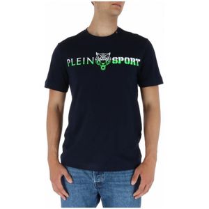 Plein Sport, Tops, Heren, Blauw, L, Katoen, Blauw Print Korte Mouw T-shirt