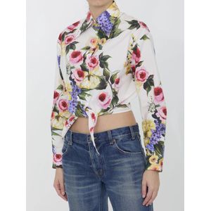 Dolce & Gabbana, Blouses & Shirts, Dames, Veelkleurig, S, Katoen, Witte Giardino Print Crop Shirt