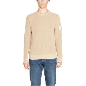 Calvin Klein, Truien, Heren, Beige, L, Katoen, Beige Gedrukte Gebreide Trui Lange Mouwen Ronde Hals