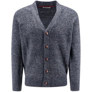 Brunello Cucinelli, Truien, Heren, Blauw, M, Leer, Alpaca Blend V-Neck Cardigan