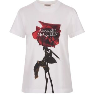Alexander McQueen, Tops, Dames, Wit, S, Katoen, Shadow Rose Print Crew-neck T-shirt
