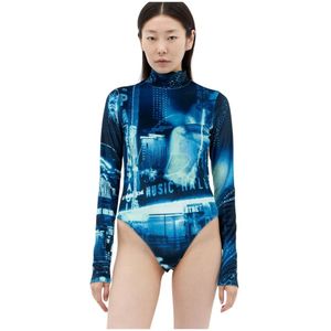 Jean Paul Gaultier, Tops, Dames, Blauw, M, Polyester, Fluwelen Bodysuit Fashion Fiction Collectie