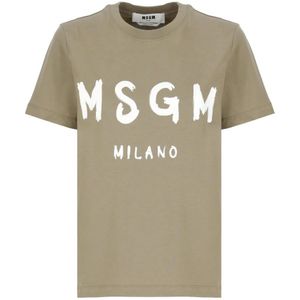 Msgm, Tops, Dames, Groen, XS, Katoen, Groene Katoenen T-shirt Ronde Hals Logo