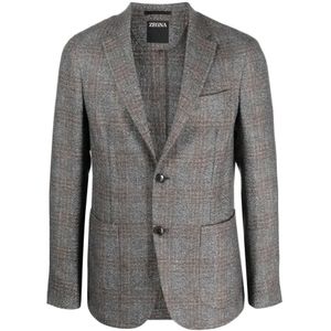 Z Zegna, Jassen, Heren, Grijs, L, Grijze Geruite Kamelblazer